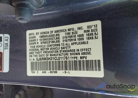 2012 Honda Cr-V Lx z USA, uszkodzony, nr VIN 5J6RM3H31CL011761